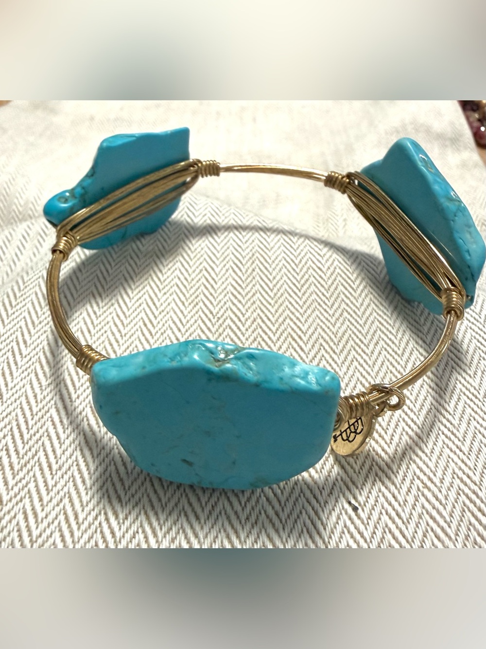 Bourbon and Bowties Turquoise Stone Wire-Wrap Bangle Bracelet - Blue and Gold